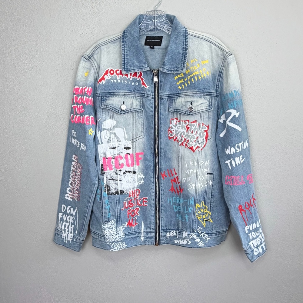 Rockstar Original Koontz Blue Jean Jacket Painted Graffiti Print Size Medium